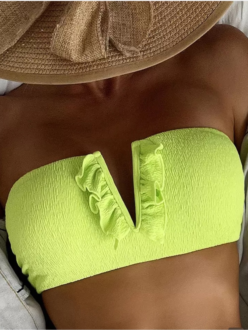 Strapless Frill Trim V-Wired Bandeau Top - Neon Lime